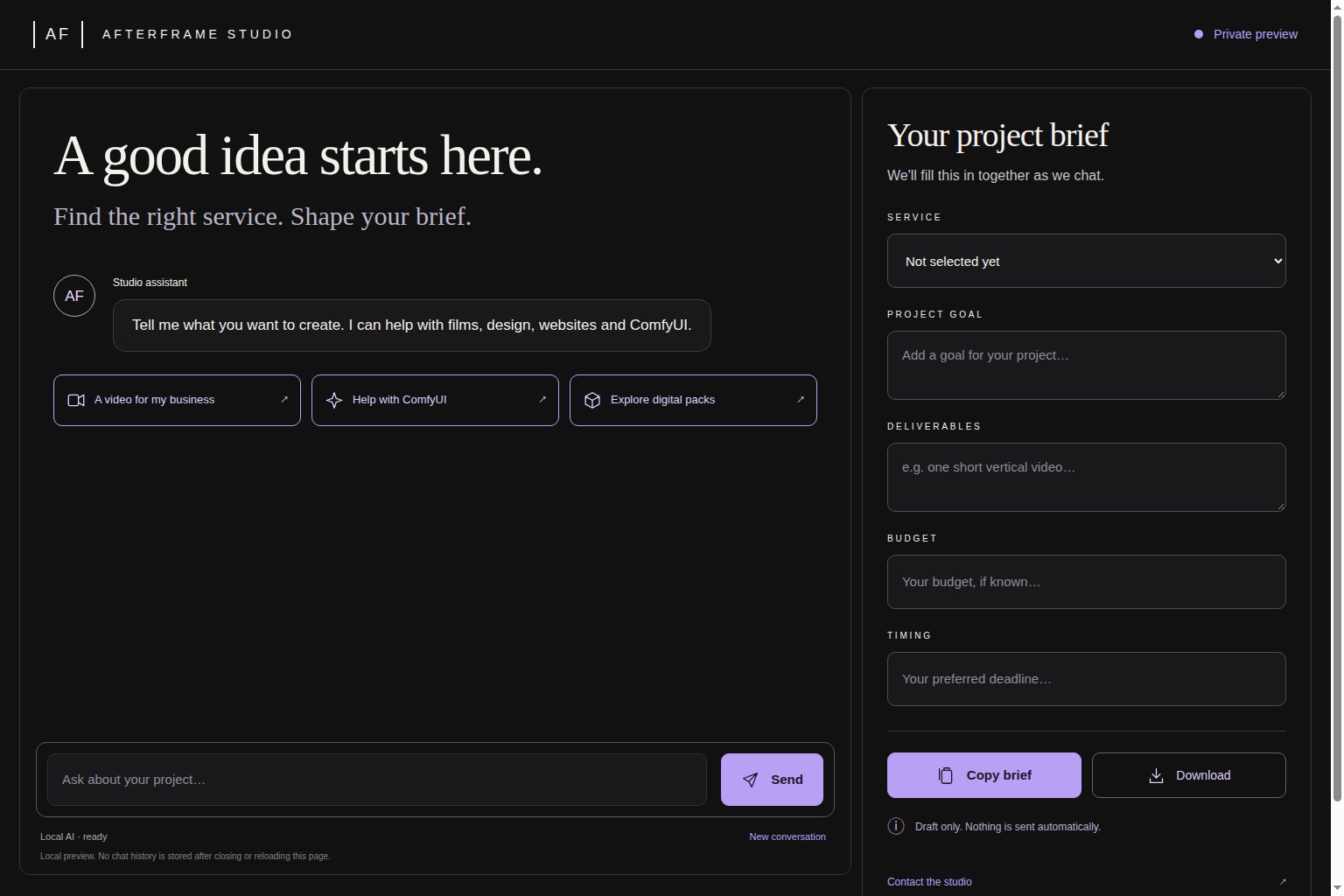 AFTERFRAME local assistant interface with chat and project brief
