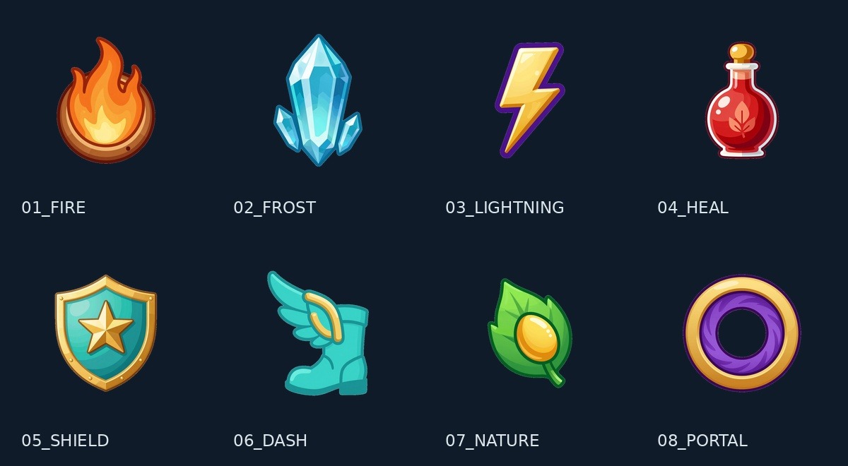 Eight original fantasy ability icon examples
