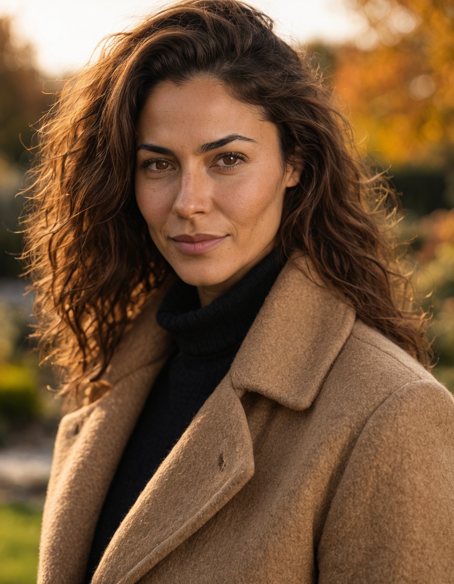 Maya AI character in an autumn portrait wearing a camel coat
