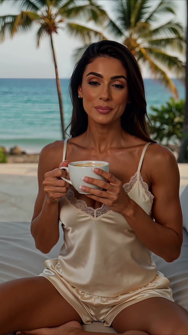 Mila speaking in a tropical coffee scene