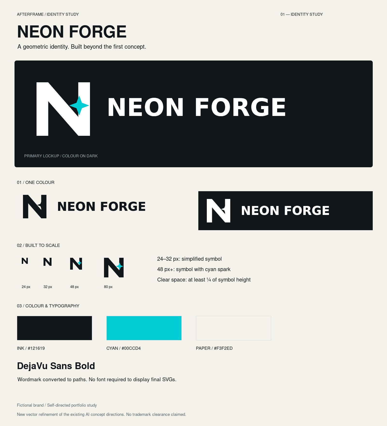 Neon Forge vector identity — colour, monochrome and small-size versions