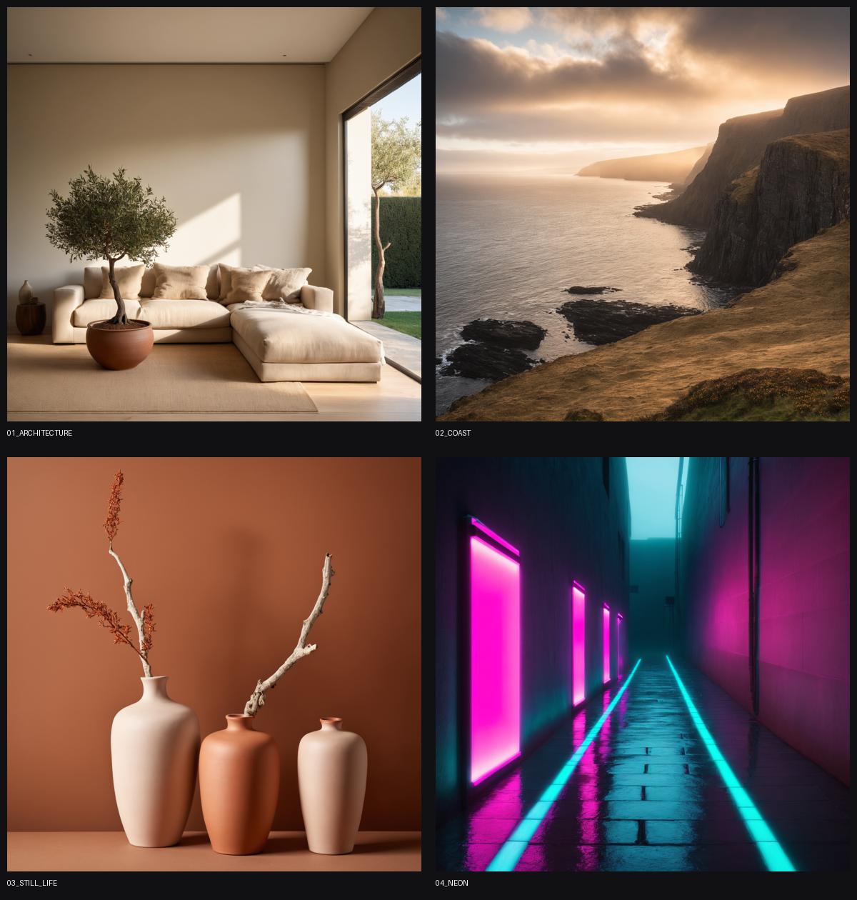 Four actual SDXL workflow outputs: a contemporary interior, coastline, ceramic still life and neon alley