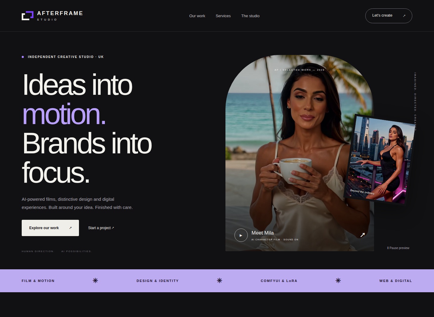 AFTERFRAME Studio website design shown on a desktop viewport